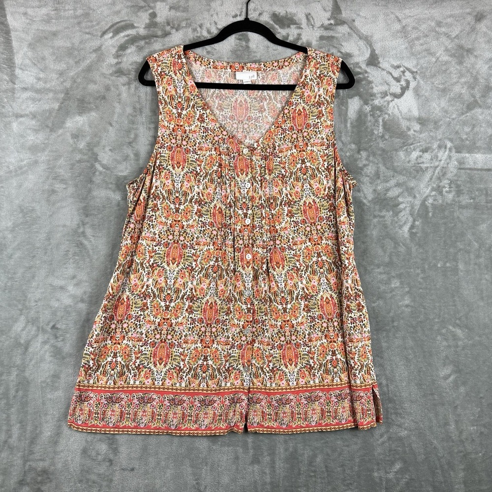 J. Jill Blouse Women's XL Orange Green Pink Paisley Geometric Pattern